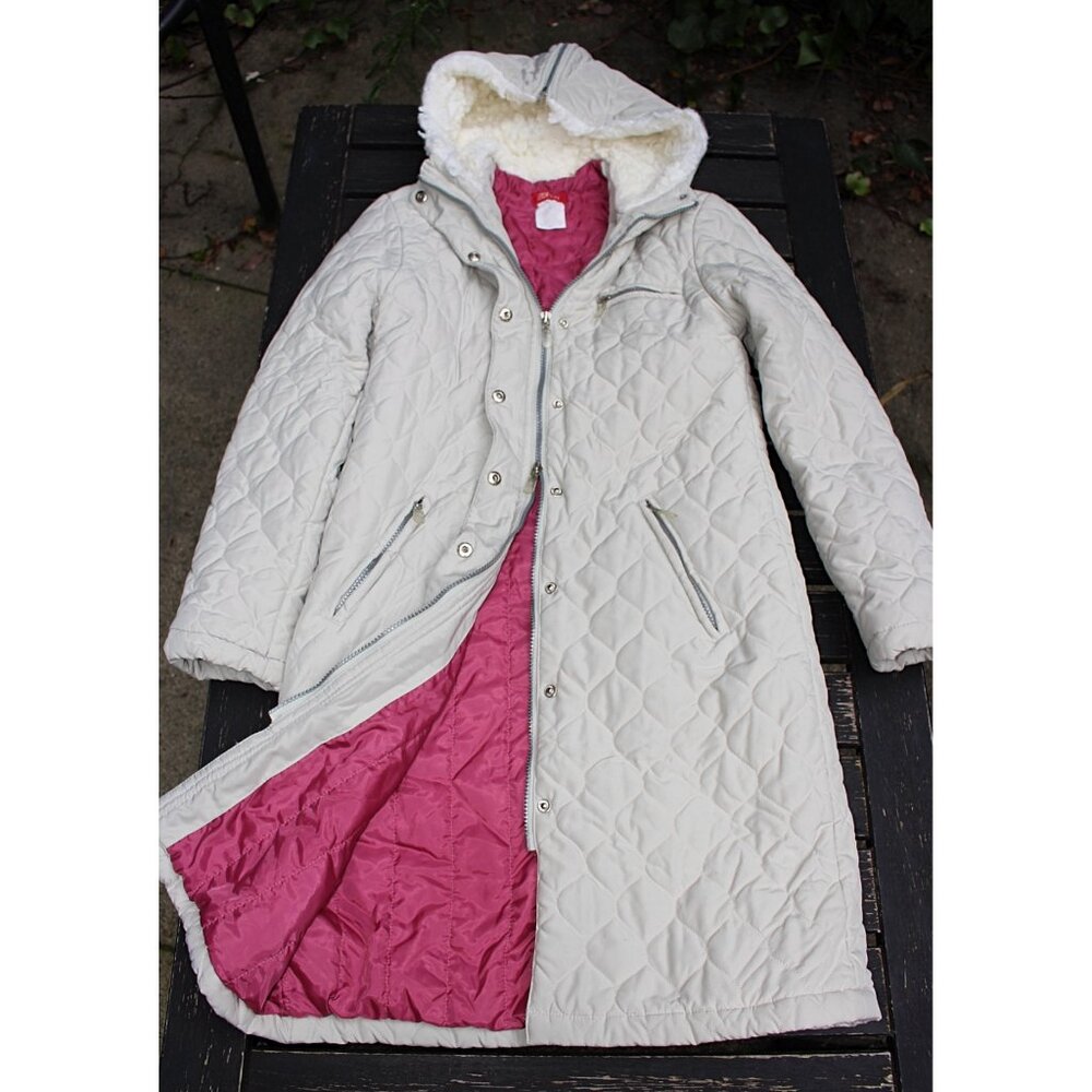 Esprit Vintage 1980s Zip Front Parka with Faux Fur Hood, Bone + Pink, Sml